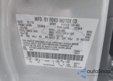 2010 Ford Escape Limited из США, поврежденный, VIN 1FMCU0E70AKD39236